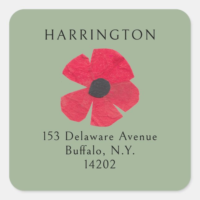 Sticker Carré Retro Mid-Century Red Poppy Sage Adresse de retour (Devant)