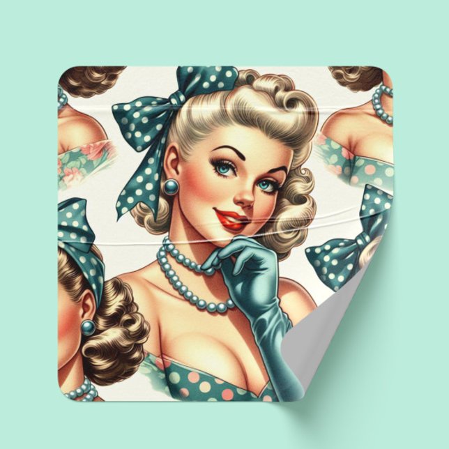 Sticker Carré Rétro Mignon Pin-Up Classique (Créateur téléchargé)