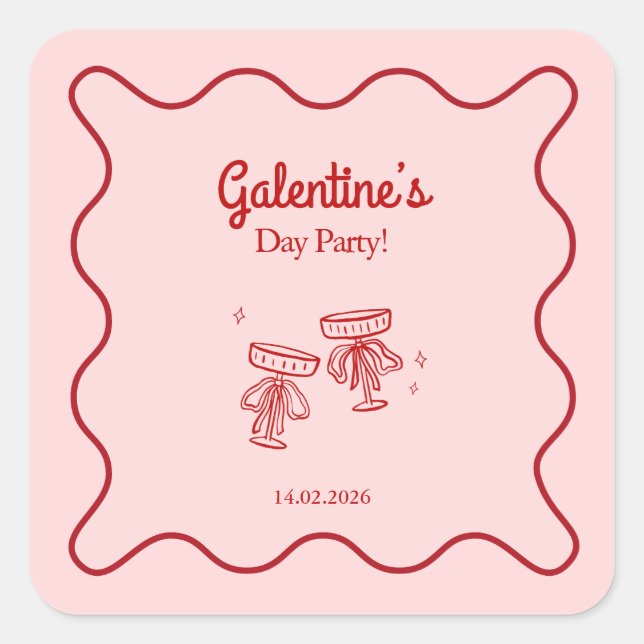 Sticker Carré Retro Red and Pink Galentines Party (Devant)