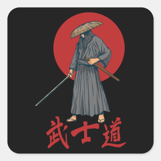 Sticker Carré Rétro Samurai avec Katana - Japonais (Devant)