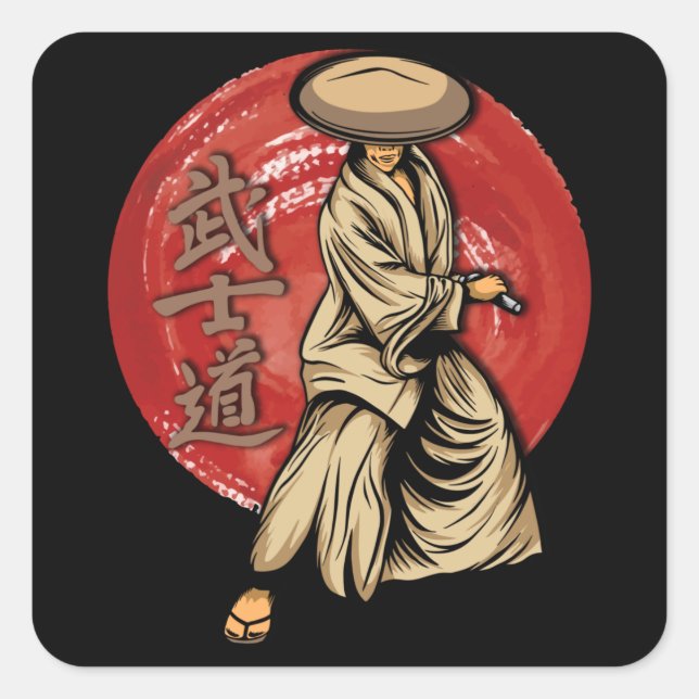 Sticker Carré Retro Samurai Warrior with Katana - Japanese (Devant)