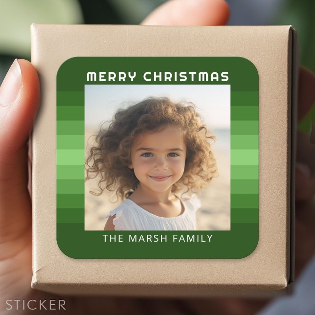 Sticker Carré Retro Stripes - Christmas Green - Simple Photo (Custom Sticker - Personalize with your info for a party favor or gift)