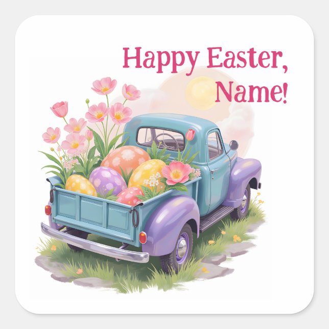 Sticker Carré Retro Teal & Purple Truck with Easter Eggs (Devant)