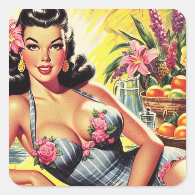 Sticker Carré Retro Tropical Summer Pin up (Devant)
