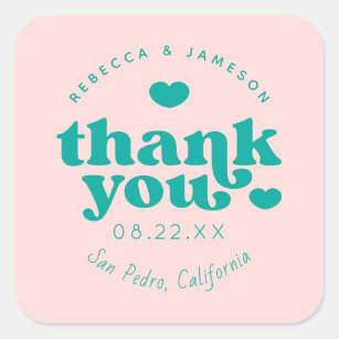 Sticker Carré Retro Union rose et Merci Mariage Turquoise