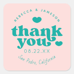Sticker Carré Retro Union rose et Merci Mariage Turquoise