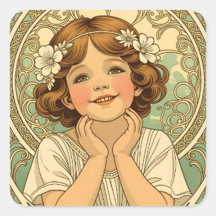 Sticker Carré retro vintage child with flowers