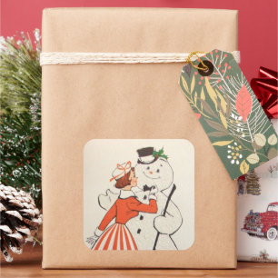 Sticker Carré retro vintage de Noël dame bonhomme de neige