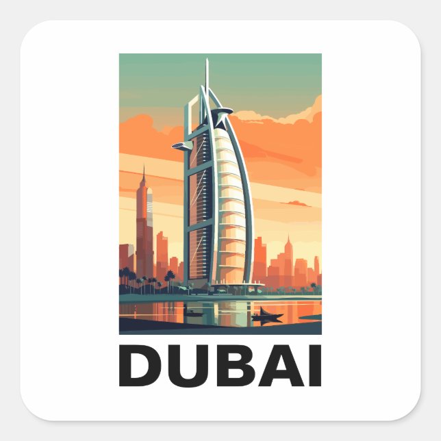 Sticker Carré Retro Vintage Dubaï UAE Skyline (Devant)