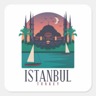 Sticker Carré Rétro Vintage Istanbul Turquie Skyline Sainte-Soph