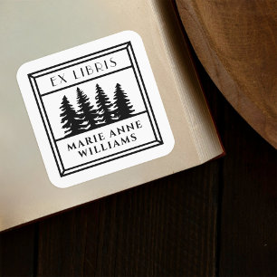 Sticker Carré Retro Vintage Pine Trees Ex Libris Bibliothèque