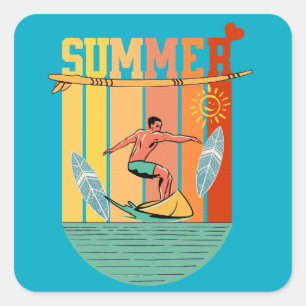 Sticker Carré Retro Vintage Summer Surfing