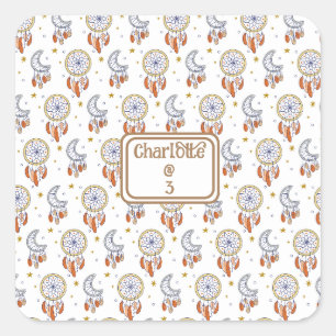 Sticker Carré Retro Whimsical Boho Nom du Motif Anniversaire