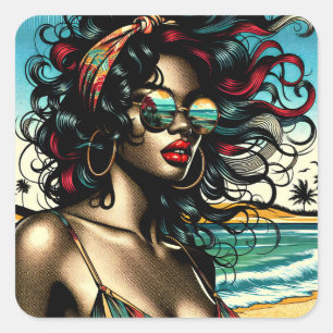 Sticker Carré Retro Woman on Beach Comédie Style Pop Art