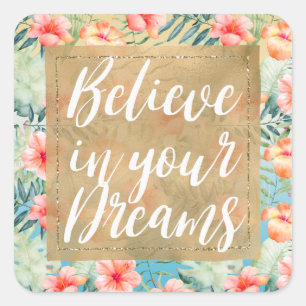 Sticker Carré Rêve doré floral d'hibiscus jaune aqua rose pêche