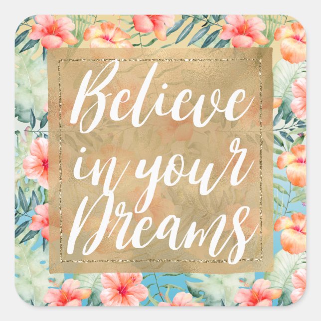 Sticker Carré Rêve doré floral d'hibiscus jaune aqua rose pêche (Devant)