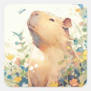 Sticker Carré Rêverie de capybara dans la prairie