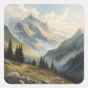 Sticker Carré Rêverie Majestueuse de Montagne : Peinture Traditi