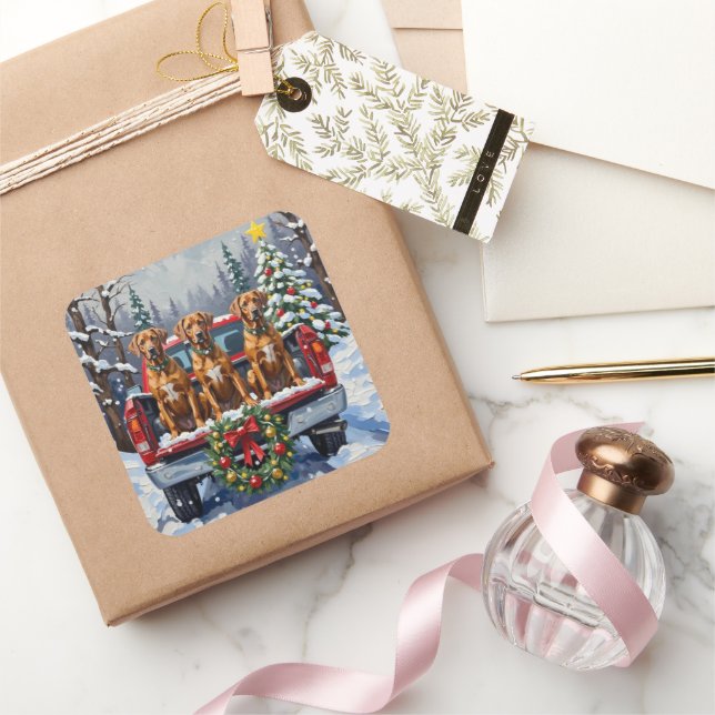 Sticker Carré Rhodesian Ridgeback Christmas Red Truck Holiday (Cadeaux)