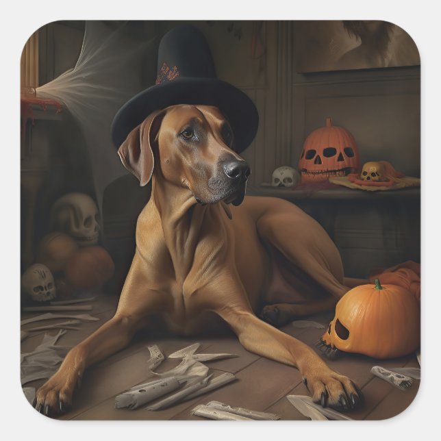 Sticker Carré Rhodesian Ridgeback Citrouilles Halloween effrayan (Devant)