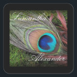 Sticker Carré Rich Peacock Feed avec mousse verte<br><div class="desc">Le design riche en plumes de paon présente une photo de gros plan de plume paon turquoise, dorée et verte posée sur un lit de mousse verte et riche. Parfait pour un mariage d'été ou une occasion spéciale. Faire-part de mariage et accessoires correspondants. © 2010 www.CustomInvitesOnline.com Cet article est disponible...</div>
