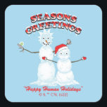 Sticker Carré Rick and Morty | Snowmen Season's Greetings<br><div class="desc">Celebrate Rickmas with this festive snowmen Rick and Morty graphic that reads: "Season's Greetings. Happy Human Holidays".</div>