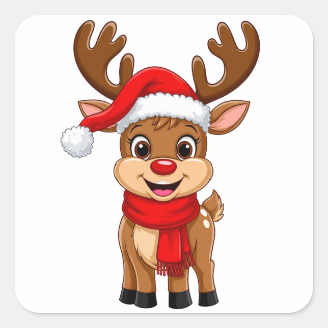 Sticker Carré Rindeer De Dessin Avec Chapeau De Père Noël (Devant)