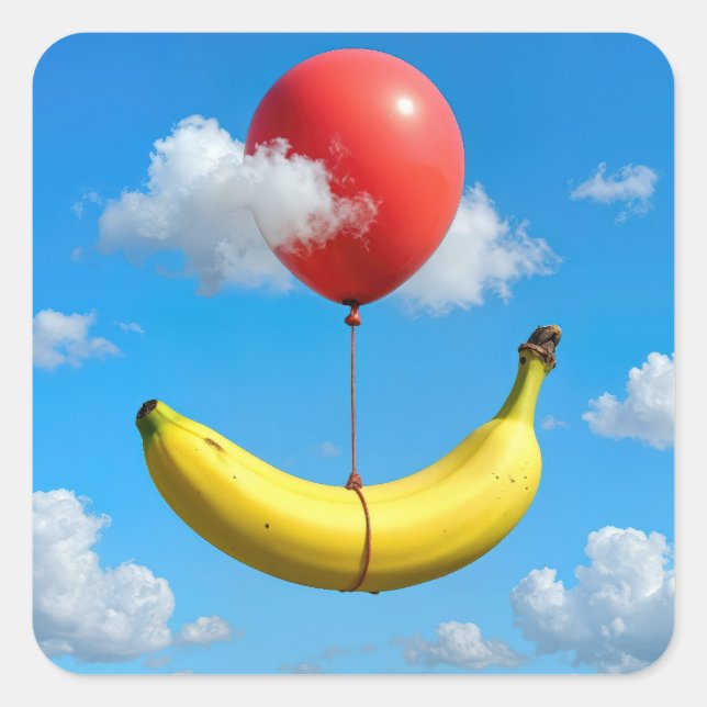 Sticker Carré Ripe Banana Floating In Sky with Red Balloon (Devant)