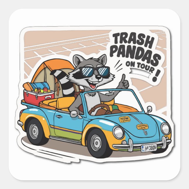 Sticker Carré Road Tripping Raccoon - Camping Adventure Pun Meme (Devant)