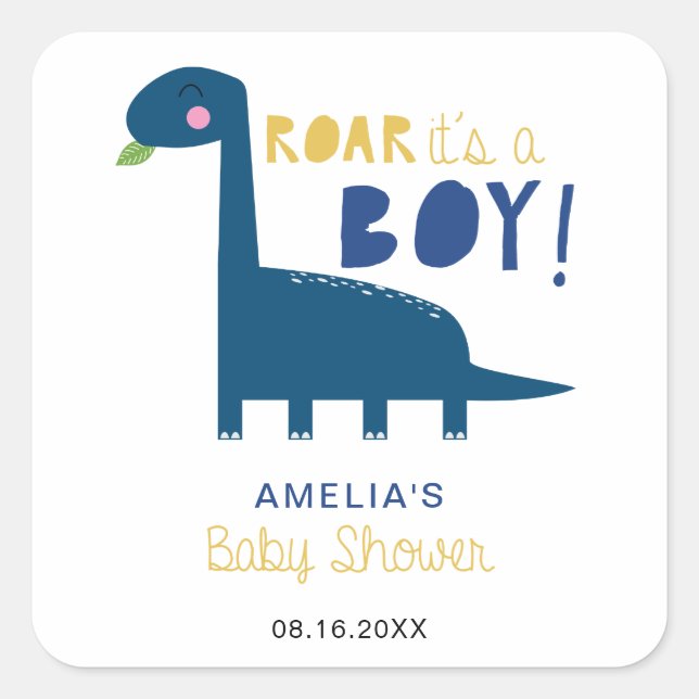 Sticker Carré Roar c'est un garçon mignon baby shower dinosaure  (Devant)