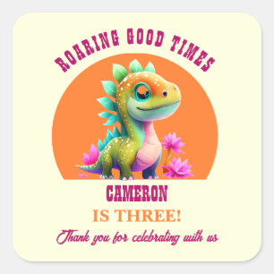 Sticker Carré Roaring Good Times Dinosaur Tout âge Anniversaire 