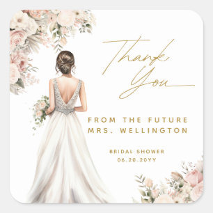 Sticker Carré Robe de mariée Brunette Fleurs Mariage civil