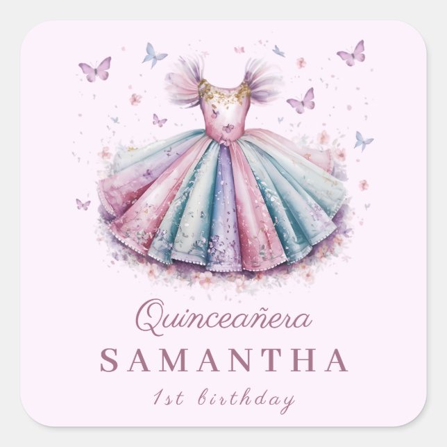 Sticker Carré Robe de princesse Pastel pour 1er anniversaire (Devant)