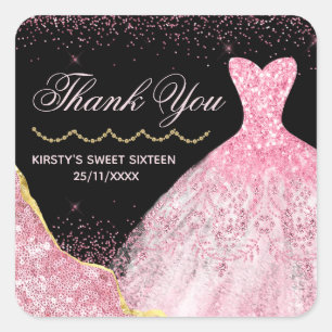 Sticker Carré Robe rose Aquarelle Bord glam Sweet 16 Anniversair