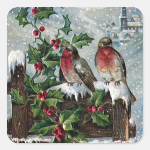 Sticker Carré Robins anglais sur une clôture Antique Noël