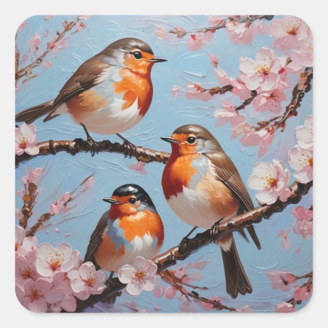 Sticker Carré Robins et fleurs de cerisiers (Devant)