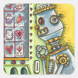 STICKER CARRÉ ROBOT À LA RECHERCHE D'AMOUR, COEUR FOURNISSANT MA