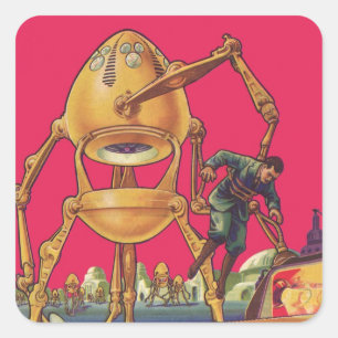Sticker Carré Robot Alien de Science-Fiction Vintage Capturant u