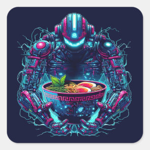 Sticker Carré Robot Cyberpunk Futuriste Nourriture Ramen Néon