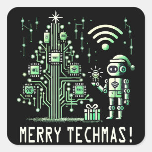 Sticker Carré Robot IA avec arbre de Noël Tech - Joyeux Techmas