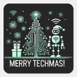 Sticker Carré Robot IA avec arbre de Noël Tech - Joyeux Techmas