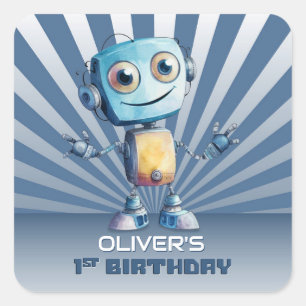 Sticker Carré Robot Thème 1er Anniversaire Enveloppe Sceau