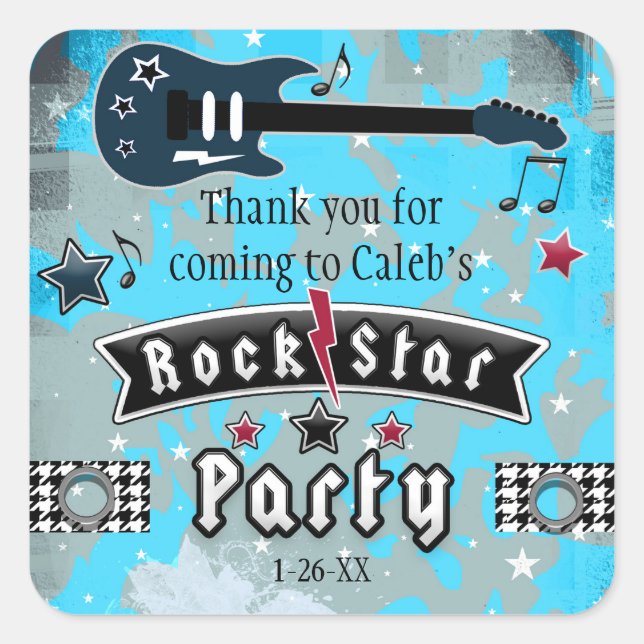 Sticker Carré Rock Star Guitar Anniversaire Fête Favoriser Stick (Devant)