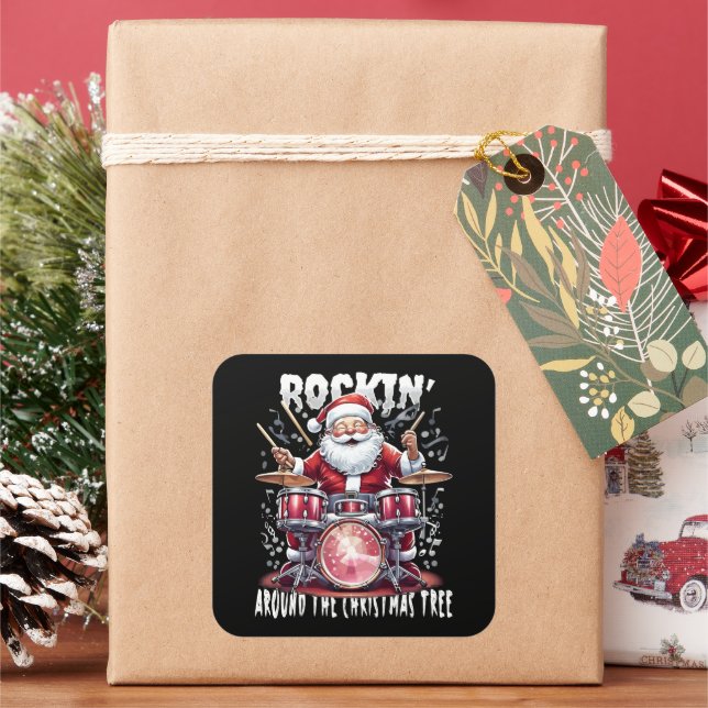 Sticker Carré Rockin' Santa Drummer Christmas Tree (vacances)