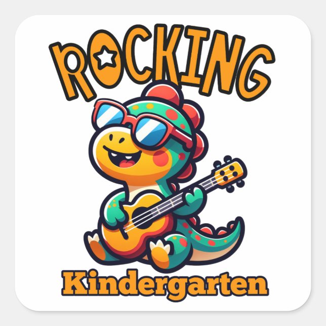 Sticker Carré Rocking Kindergarten Dinosaur with guitar  (Devant)