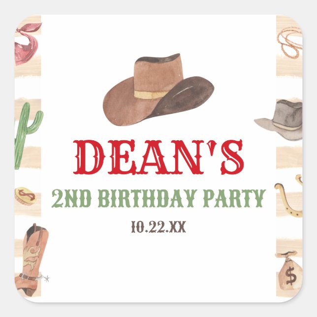 Sticker Carré Rodeo Cowboy Western Wild West fête d'anniversaire (Devant)
