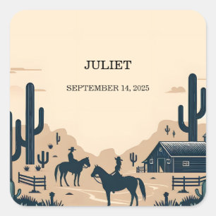 Sticker Carré Rodéo Rétro Cheval Rustique Mariage Occidental Sho
