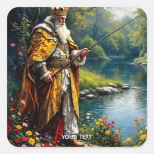 Sticker Carré Roi mignon de fantaisie pêchant dans la rivière