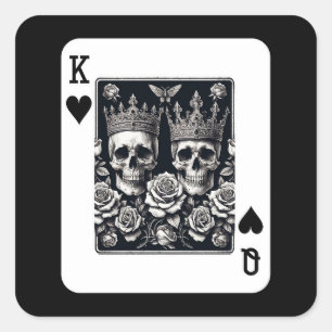 Sticker Carré Roi Royal & Reine de Cœur Crânes & Roses