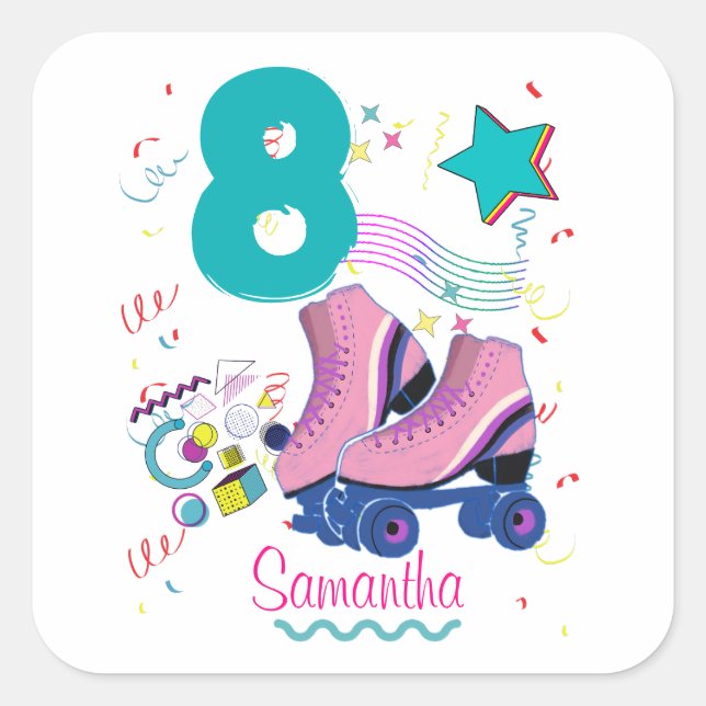 Sticker Carré Roller Skate Anniversaire Fille Retro Patinage (Devant)